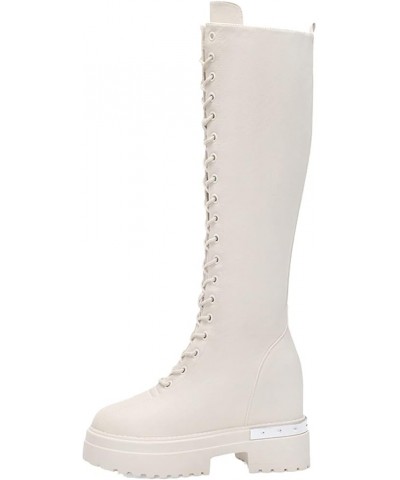 Womens Knee High Lace-up Motorcycle Boot Ladies Side Zipper Fashion Riding Boots Platform Long Boots Beige $36.00 Boots