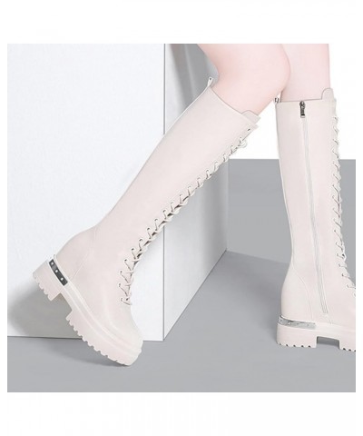 Womens Knee High Lace-up Motorcycle Boot Ladies Side Zipper Fashion Riding Boots Platform Long Boots Beige $36.00 Boots