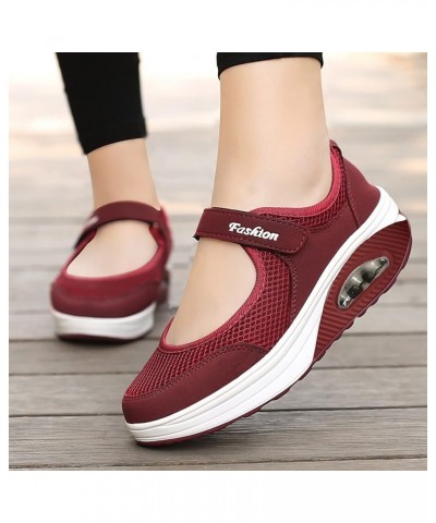 Wide Width Sneakers for Women Breathable Mesh Sneaker Closed Toe Platform Flats Hightop Sneakers Women Wine $9.02 Athletic Shoes