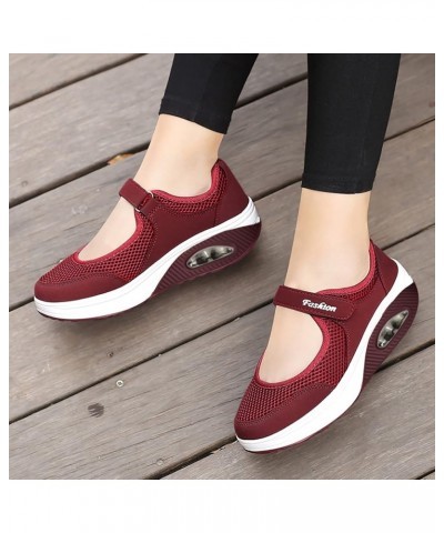 Wide Width Sneakers for Women Breathable Mesh Sneaker Closed Toe Platform Flats Hightop Sneakers Women Wine $9.02 Athletic Shoes