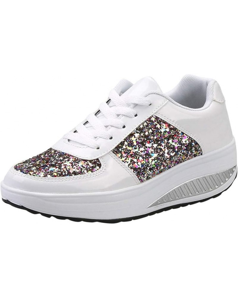 Women Platform Sneakers Sequins PU Leather Platform Sneakers Casual Lace up Tennis Shoes Fashion Low Top Loafers Shoes White ...