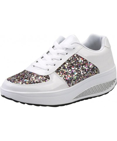 Women Platform Sneakers Sequins PU Leather Platform Sneakers Casual Lace up Tennis Shoes Fashion Low Top Loafers Shoes White ...