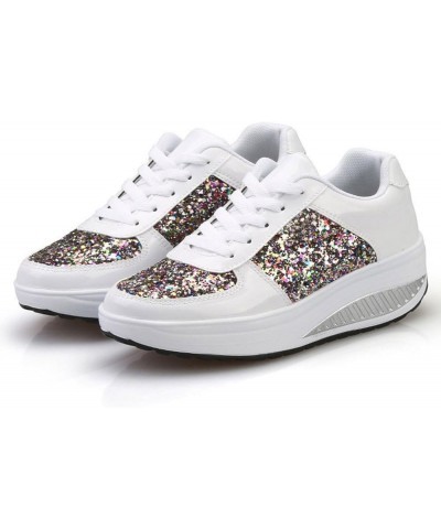 Women Platform Sneakers Sequins PU Leather Platform Sneakers Casual Lace up Tennis Shoes Fashion Low Top Loafers Shoes White ...