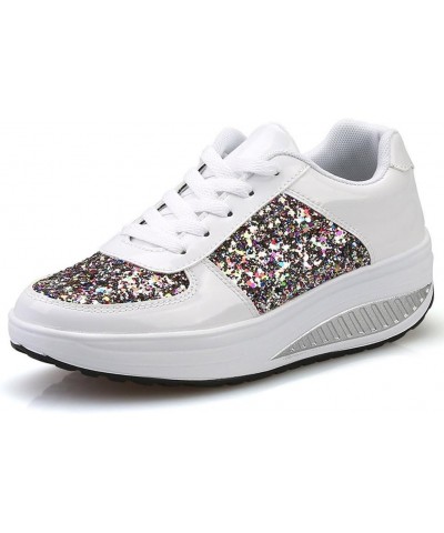 Women Platform Sneakers Sequins PU Leather Platform Sneakers Casual Lace up Tennis Shoes Fashion Low Top Loafers Shoes White ...