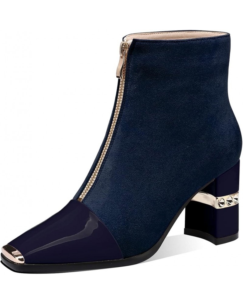 Women Ankle Booties Square Toe Chunky High Heel Boots Zipper Black Casual Booties for Women Navy Blue $27.29 Boots