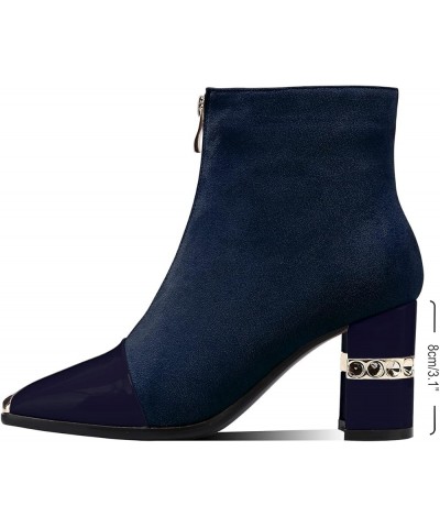 Women Ankle Booties Square Toe Chunky High Heel Boots Zipper Black Casual Booties for Women Navy Blue $27.29 Boots