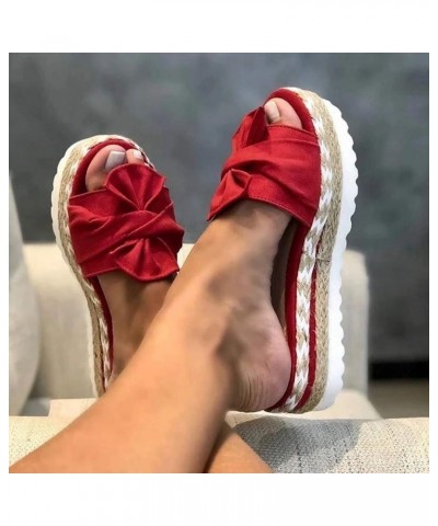 Womens Wedge Flip Flops, Women's Summer Slip-On Bow Flat Beach Open Toe Breathable Sandals Weave Shoes Red $16.22 Sandals