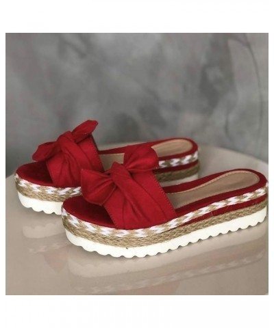 Womens Wedge Flip Flops, Women's Summer Slip-On Bow Flat Beach Open Toe Breathable Sandals Weave Shoes Red $16.22 Sandals