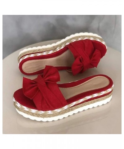 Womens Wedge Flip Flops, Women's Summer Slip-On Bow Flat Beach Open Toe Breathable Sandals Weave Shoes Red $16.22 Sandals