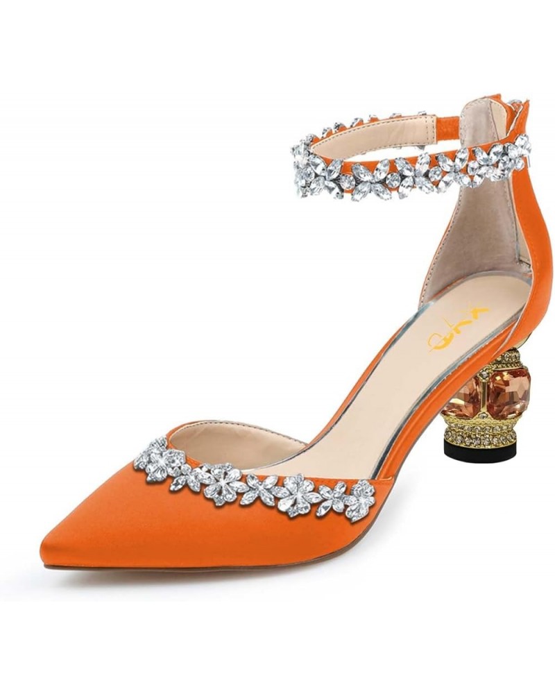 Women Pointed Toe Block Heels for Wedding Bridal Flowered Crystal Straps D'Orsay Pumps Back Zip Dress Evening Shoes Orange $3...