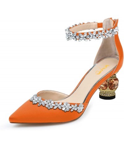 Women Pointed Toe Block Heels for Wedding Bridal Flowered Crystal Straps D'Orsay Pumps Back Zip Dress Evening Shoes Orange $3...