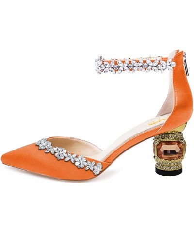 Women Pointed Toe Block Heels for Wedding Bridal Flowered Crystal Straps D'Orsay Pumps Back Zip Dress Evening Shoes Orange $3...