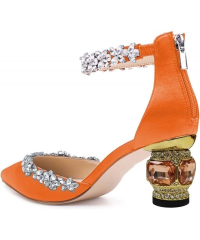 Women Pointed Toe Block Heels for Wedding Bridal Flowered Crystal Straps D'Orsay Pumps Back Zip Dress Evening Shoes Orange $3...