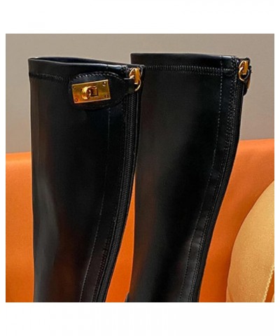 Woman Platform Knee High Boots Low Heels Anti Slip PU Leather Round Toe Zip Punk Goth Widened Mid Calf Combat Boots Black Sta...