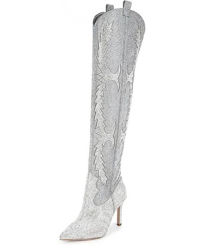 Sparkly Boots for Women, Rhinestone Over Knee Boots Embroidery Pointed Toe Pull On Stiletto Heeled Thigh High Sparkly Boots T...