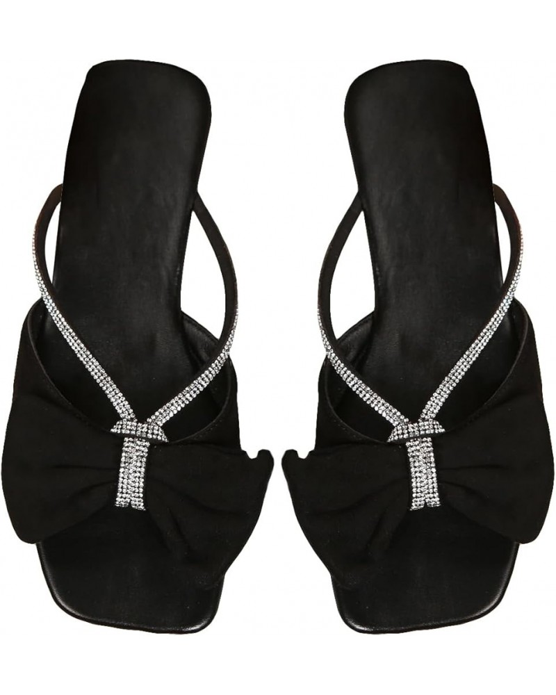 Women's Rhinestone Bow Open Toe Corduroy Flat Sandals Summer Casual Slide Sandals Black $14.96 Sandals