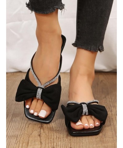 Women's Rhinestone Bow Open Toe Corduroy Flat Sandals Summer Casual Slide Sandals Black $14.96 Sandals