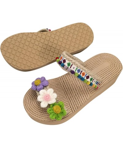 Cute Two Strap Sandals for Ladies 3D Flower Print Vacation Slippers Woven Wedge Flat Sandal Shoes Bohemian Slide Sandals 2-gr...