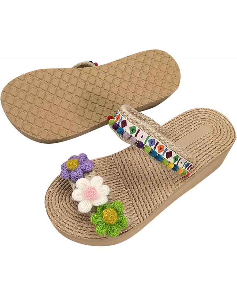 Cute Two Strap Sandals for Ladies 3D Flower Print Vacation Slippers Woven Wedge Flat Sandal Shoes Bohemian Slide Sandals 2-gr...