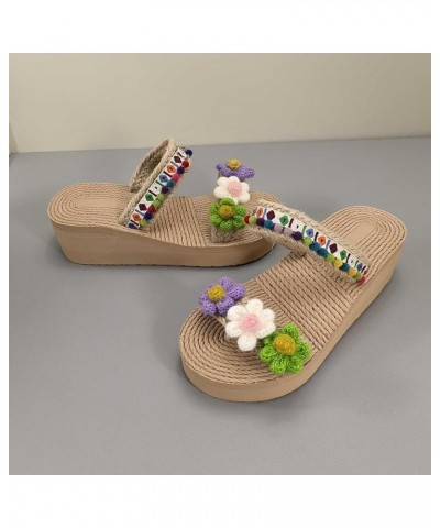 Cute Two Strap Sandals for Ladies 3D Flower Print Vacation Slippers Woven Wedge Flat Sandal Shoes Bohemian Slide Sandals 2-gr...