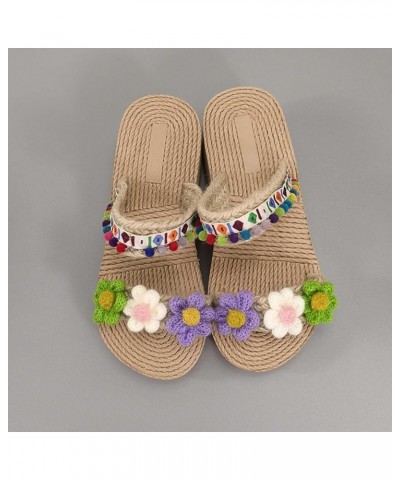 Cute Two Strap Sandals for Ladies 3D Flower Print Vacation Slippers Woven Wedge Flat Sandal Shoes Bohemian Slide Sandals 2-gr...