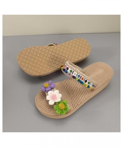 Cute Two Strap Sandals for Ladies 3D Flower Print Vacation Slippers Woven Wedge Flat Sandal Shoes Bohemian Slide Sandals 2-gr...