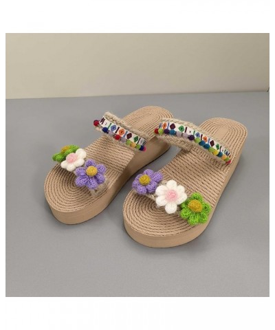 Cute Two Strap Sandals for Ladies 3D Flower Print Vacation Slippers Woven Wedge Flat Sandal Shoes Bohemian Slide Sandals 2-gr...