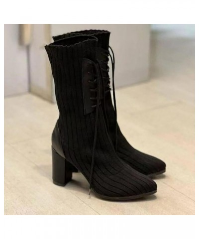 Women's Knee High Boots Fashion Chunky Block Heel Thick Solid High Ankle Heel Knitted Boots with Side Zippers 01_black $16.80...