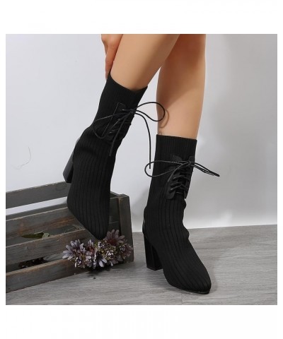 Women's Knee High Boots Fashion Chunky Block Heel Thick Solid High Ankle Heel Knitted Boots with Side Zippers 01_black $16.80...