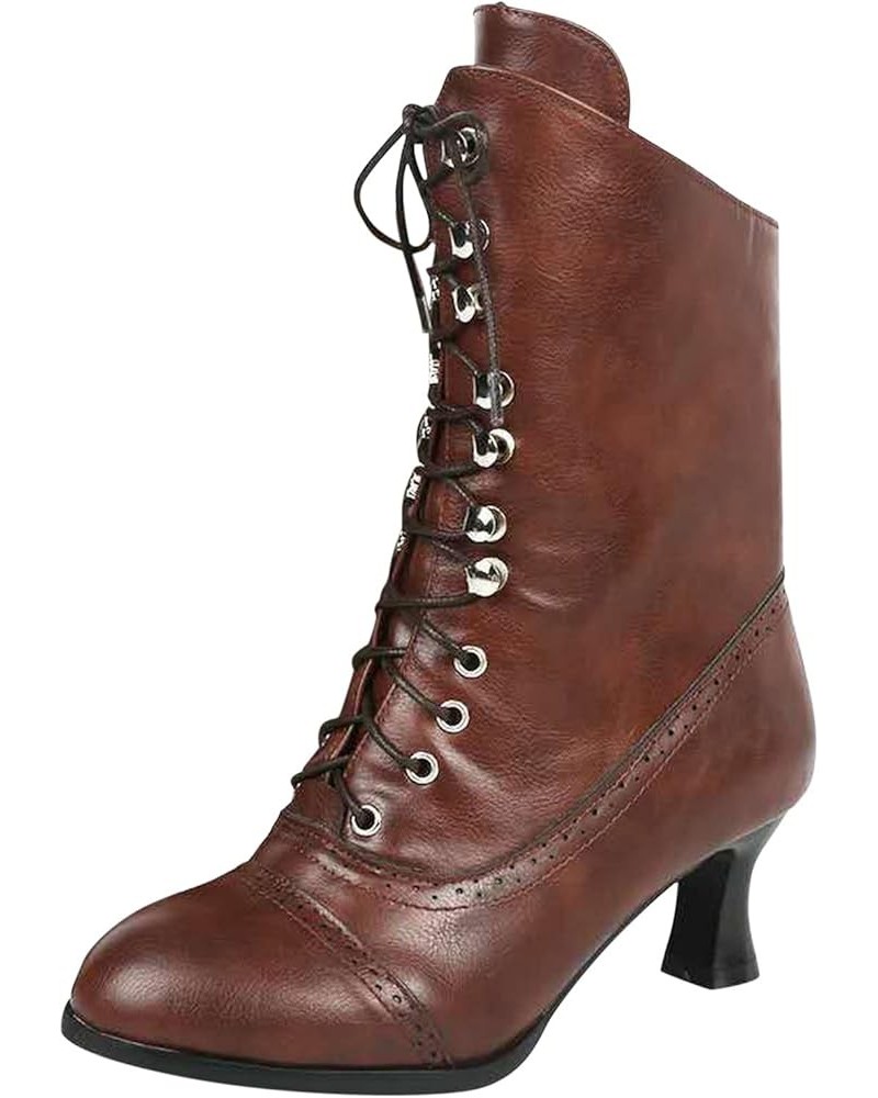 Black Lace Up Combat Boots Women Pointed Toe Mid-Heel Chunky Block Heels Lace Up Ankle Booties Fashion Winter Shoes Brown $19...