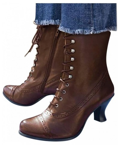 Black Lace Up Combat Boots Women Pointed Toe Mid-Heel Chunky Block Heels Lace Up Ankle Booties Fashion Winter Shoes Brown $19...