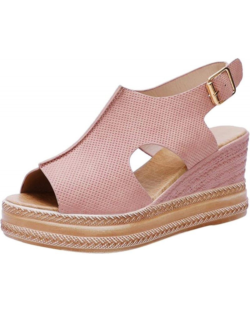 38 Sandals Women Ladies Fashion Solid Color Hollow Out Leather Open Toe Buckle Wedge Heel Sandals (Black, 6.5) 7 Pink $19.59 ...