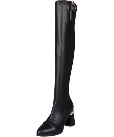 Ladies Fashion Solid Color Leather Pointed Toe Thick High Heel Elastic Over The Knee Boots Fall Boots Black $31.07 Boots