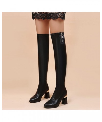 Ladies Fashion Solid Color Leather Pointed Toe Thick High Heel Elastic Over The Knee Boots Fall Boots Black $31.07 Boots