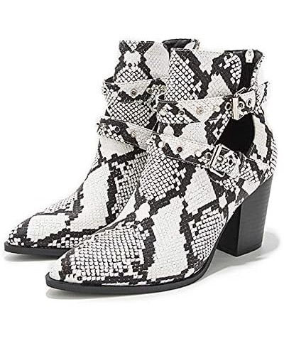 Women Pointed Toe Ankle Boots Chunky Stacked Heel Back Zipper Booties Cutout Double Straps Casual Shoes for Daily Snakeskin $...