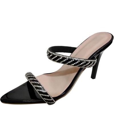 Ladies Fashion Summer Color Leather Rhinestone Decorative Pointed Thin High Heeled Sandals Stretch Sandals for Women Black $1...