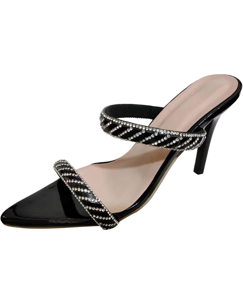 Ladies Fashion Summer Color Leather Rhinestone Decorative Pointed Thin High Heeled Sandals Stretch Sandals for Women Black $1...