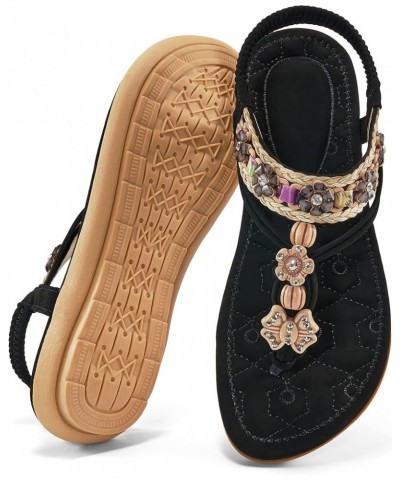 Sandals Women Dressy Summer: Comfortable Elastic Ankle Strap Womens Flat Sandals Bohemian Rhinestone Beaded Beach Shoes Black...