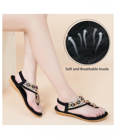 Sandals Women Dressy Summer: Comfortable Elastic Ankle Strap Womens Flat Sandals Bohemian Rhinestone Beaded Beach Shoes Black...