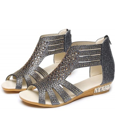 Womens Sandals Dressy, Rhinestone Sandals for Women Fashion Open Toe Low Wedge Sandals Zip Up Crystal Sandals Black $12.46 Sa...