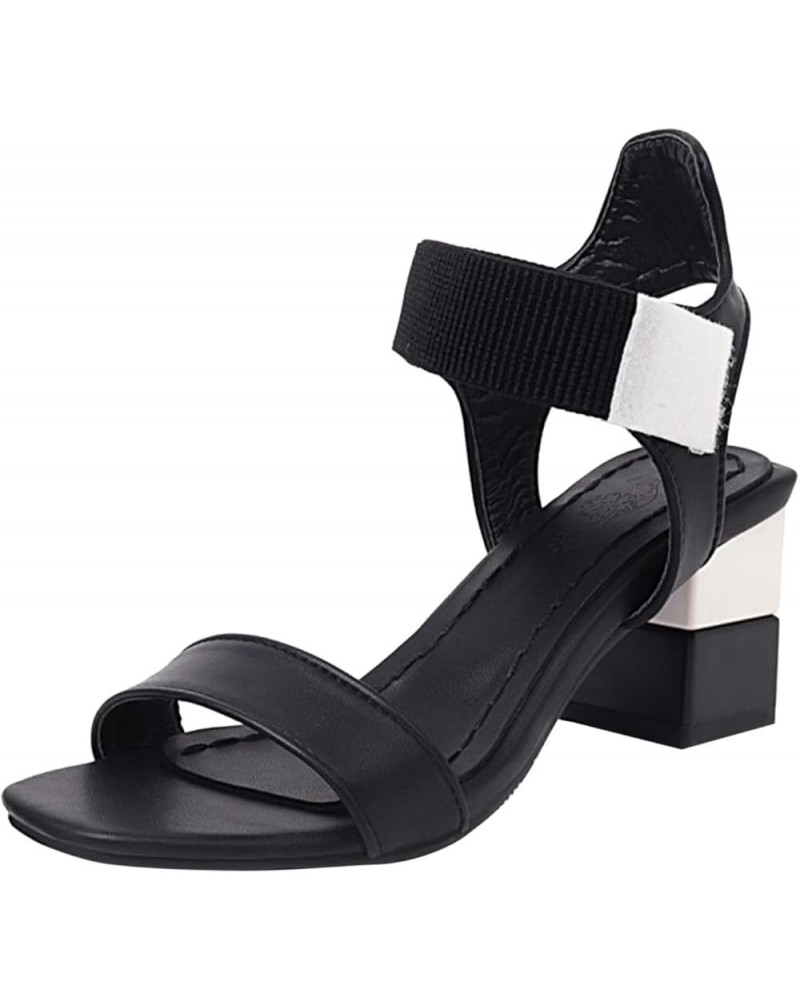 Black Women Chunky Heels Sandals Dressy Summer Open Toe Hook Loop Chunky High Heeled Sandals Ladies Fashion Leather Ankle Str...