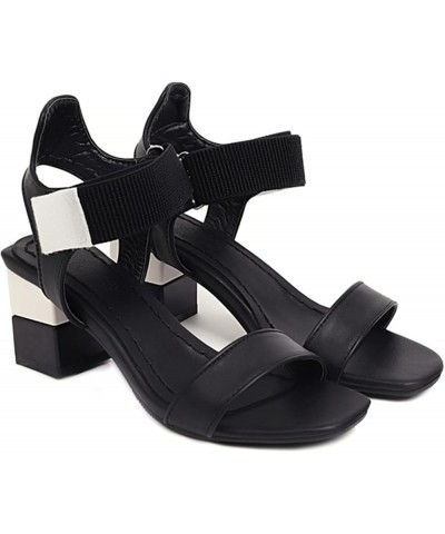 Black Women Chunky Heels Sandals Dressy Summer Open Toe Hook Loop Chunky High Heeled Sandals Ladies Fashion Leather Ankle Str...