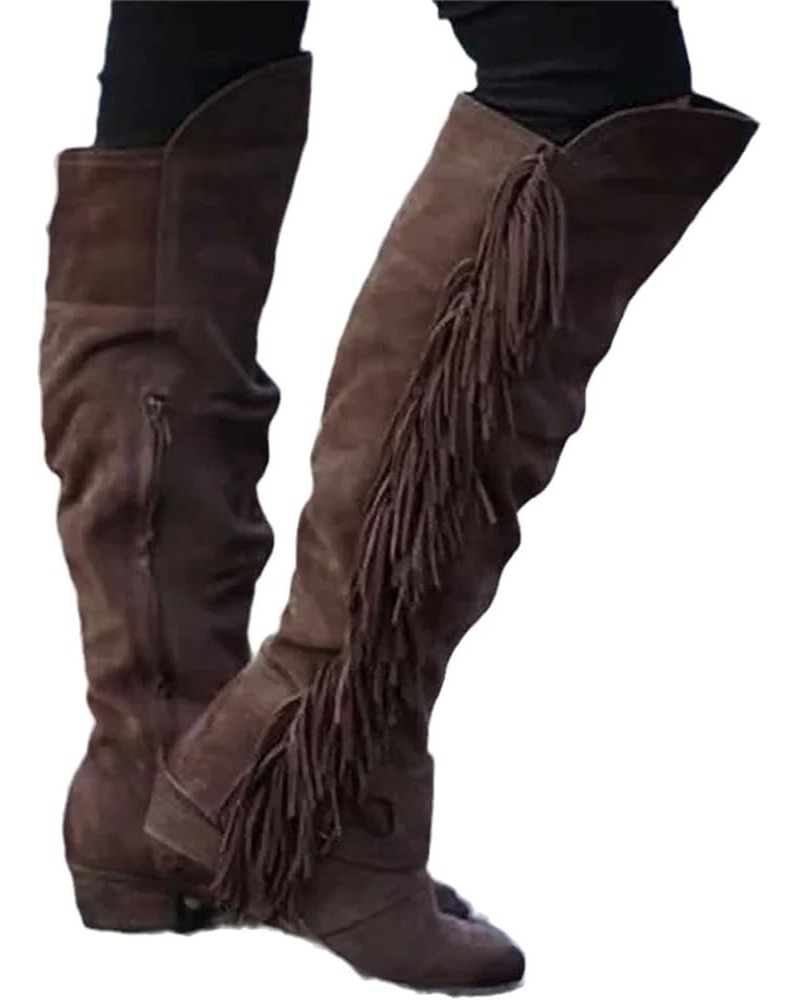 Women's Knee High Boots Retro Western Cowboy Boots with Fringes Leisure Knight Boots with Zipper Suede Overknee Boots Thermal...