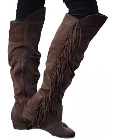 Women's Knee High Boots Retro Western Cowboy Boots with Fringes Leisure Knight Boots with Zipper Suede Overknee Boots Thermal...