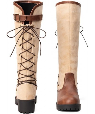 Women Simple Knee High Riding Boots Lace up Combat Boots Comfort Motorcycle Boots Chunky Heels 1beige $26.66 Boots