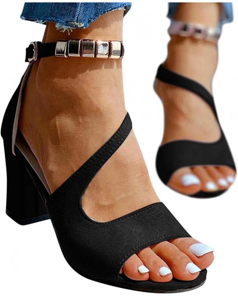 Sandals for Women Dressy Summer Crystal Ankle Strap Chunky Heel Sandals Sexy Peep Toe Dressy Womens Sandals Black $17.38 Sandals