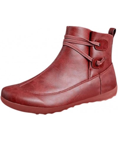 Ankle Boots for Women No Heel,2019 New Arch Support Boots Side Zipper Vintage Leather Damping Shoes Flat Heel Booties Z-red $...