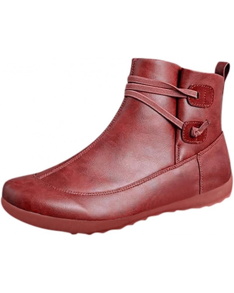 Ankle Boots for Women No Heel,2019 New Arch Support Boots Side Zipper Vintage Leather Damping Shoes Flat Heel Booties Z-red $...