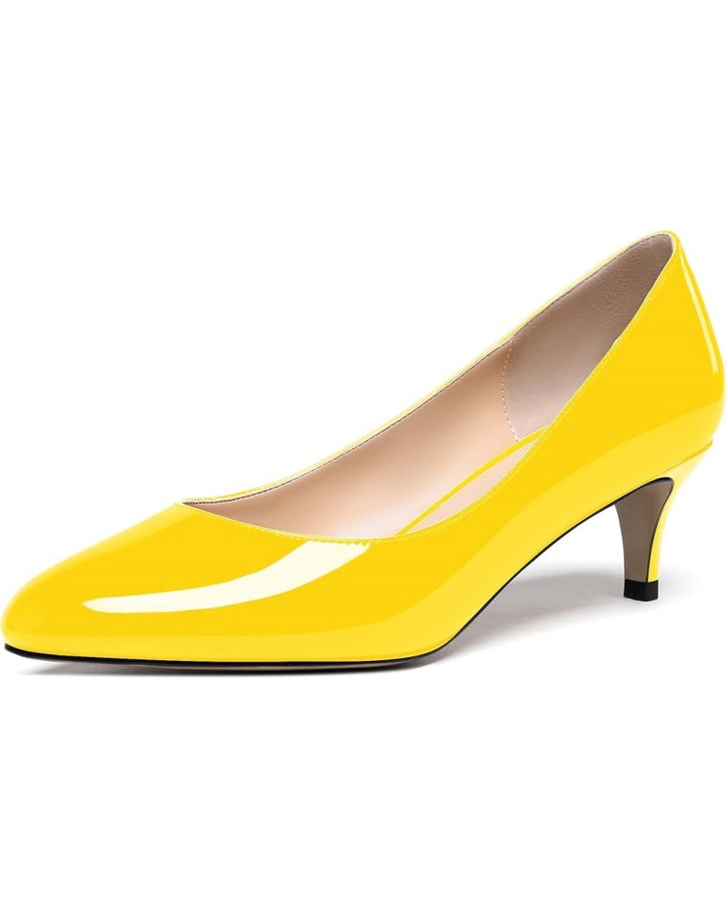 Women's Cute Solid Slip On Round Toe Patent Leather Low Kitten Heel Pumps Shoes 2 Inch Yellow $26.65 Pumps