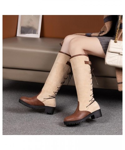 Women Simple Knee High Riding Boots Lace up Combat Boots Comfort Motorcycle Boots Chunky Heels 1beige $26.66 Boots